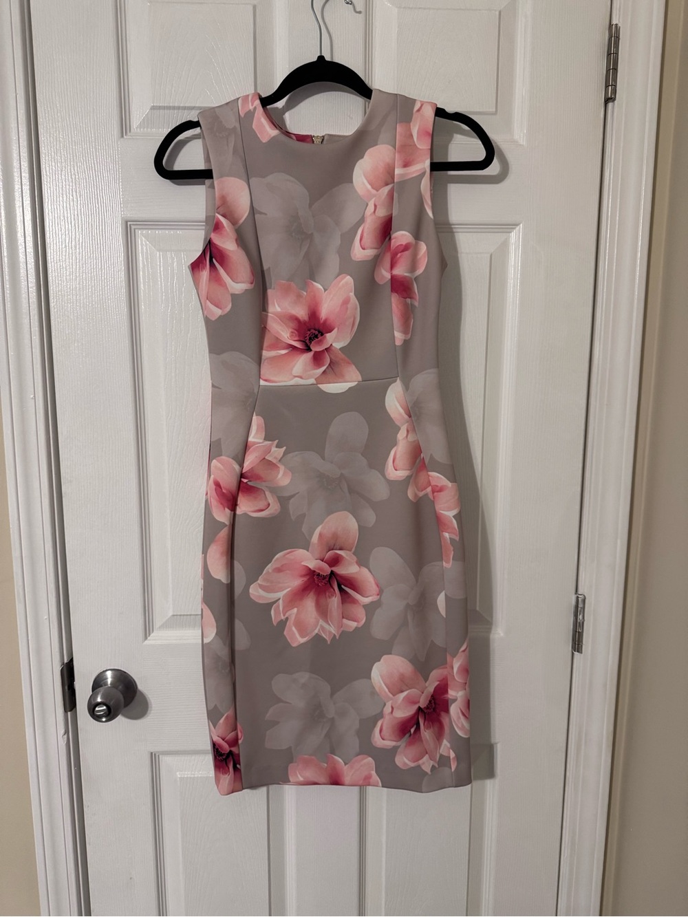 Calvin Klein Gray Midi Sheath Dress with Pink Floral Print
